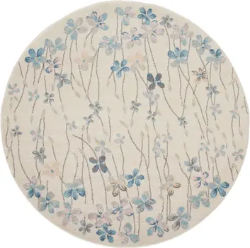 5' Ivory And Blue Floral Round Rug