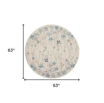 5' Ivory And Blue Floral Round Rug