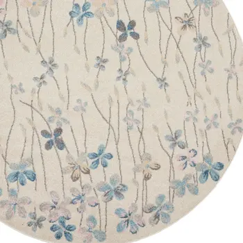 5' Ivory And Blue Floral Round Rug
