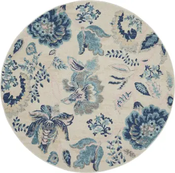 5' Ivory Navy Blue And Light Blue Floral Round Rug