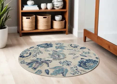 5' Ivory Navy Blue And Light Blue Floral Round Rug
