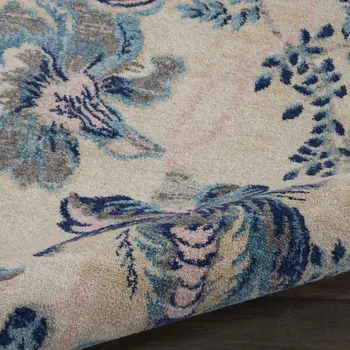 5' Ivory Navy Blue And Light Blue Floral Round Rug