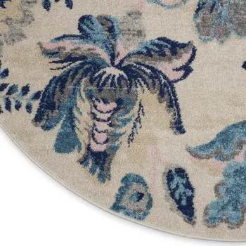5' Ivory Navy Blue And Light Blue Floral Round Rug
