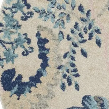 5' Ivory Navy Blue And Light Blue Floral Round Rug