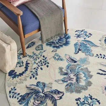 5' Ivory Navy Blue And Light Blue Floral Round Rug
