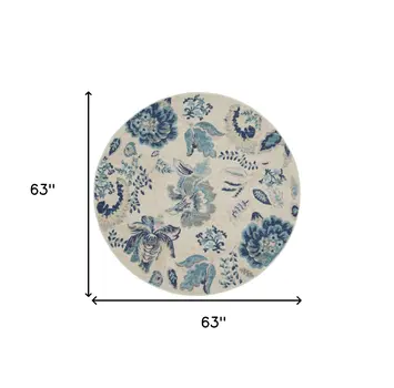 5' Ivory Navy Blue And Light Blue Floral Round Rug