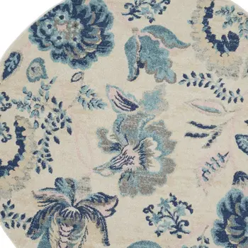 5' Ivory Navy Blue And Light Blue Floral Round Rug