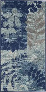 2' X 4' Navy Blue Light Blue and Gray Botanical Leaves Area Rug