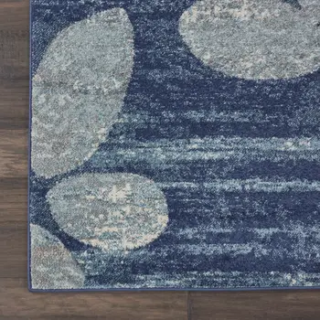 2' X 4' Navy Blue Light Blue and Gray Botanical Leaves Area Rug
