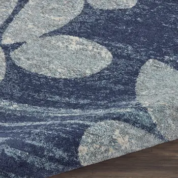 2' X 4' Navy Blue Light Blue and Gray Botanical Leaves Area Rug