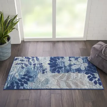 2' X 4' Navy Blue Light Blue and Gray Botanical Leaves Area Rug