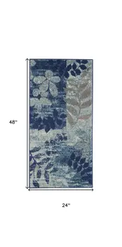 2' X 4' Navy Blue Light Blue and Gray Botanical Leaves Area Rug