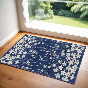 2' X 4' Navy Blue and Ivory Floral Area Rug