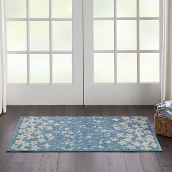2' X 4' Turquoise and Cream Botanical Leaves Area Rug