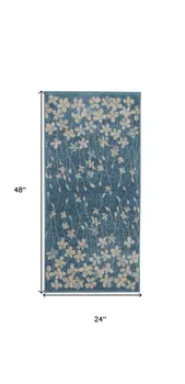 2' X 4' Turquoise and Cream Botanical Leaves Area Rug