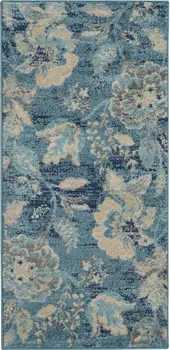 2' X 4' Turquoise Cream and Navy Blue Floral Distressed Area Rug