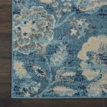 2' X 4' Turquoise Cream and Navy Blue Floral Distressed Area Rug