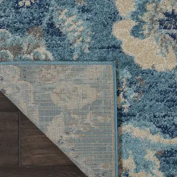 2' X 4' Turquoise Cream and Navy Blue Floral Distressed Area Rug