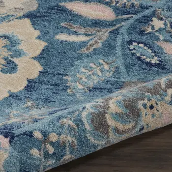 2' X 4' Turquoise Cream and Navy Blue Floral Distressed Area Rug