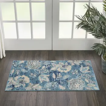 2' X 4' Turquoise Cream and Navy Blue Floral Distressed Area Rug