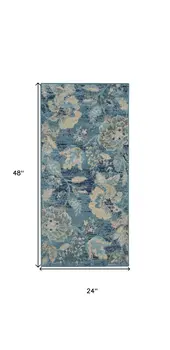 2' X 4' Turquoise Cream and Navy Blue Floral Distressed Area Rug