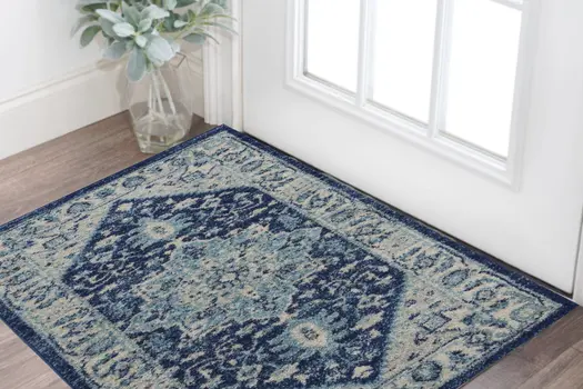 2' X 4' Ivory And Navy Blue Floral Medallion Distressed Area Rug