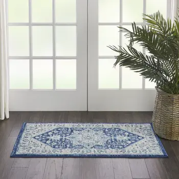 2' X 4' Ivory And Navy Blue Floral Medallion Distressed Area Rug