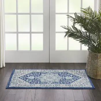 2' X 4' Ivory And Navy Blue Floral Medallion Distressed Area Rug