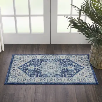 2' X 4' Ivory And Navy Blue Floral Medallion Distressed Area Rug