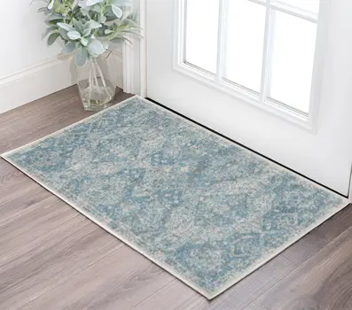 2' X 4' Ivory and Light Blue Oriental Distressed Area Rug
