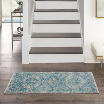 2' X 4' Ivory and Light Blue Oriental Distressed Area Rug