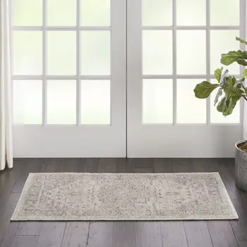 2' X 4' Ivory Pink And Gray Floral Medallion Distressed Area Rug