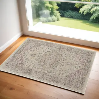 2' X 4' Ivory Pink And Gray Floral Medallion Distressed Area Rug