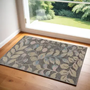 2' X 4' Beige Gray And Blue Botanical Leaves Area Rug