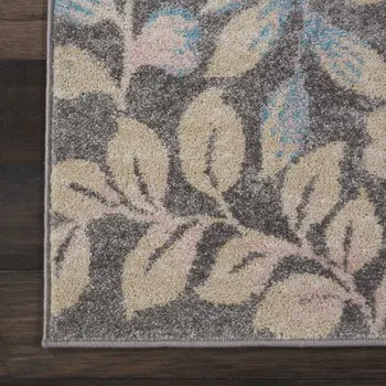 2' X 4' Beige Gray And Blue Botanical Leaves Area Rug