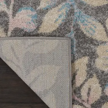 2' X 4' Beige Gray And Blue Botanical Leaves Area Rug