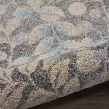2' X 4' Beige Gray And Blue Botanical Leaves Area Rug