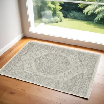 2' X 4' Ivory And Gray Floral Medallion Distressed Area Rug