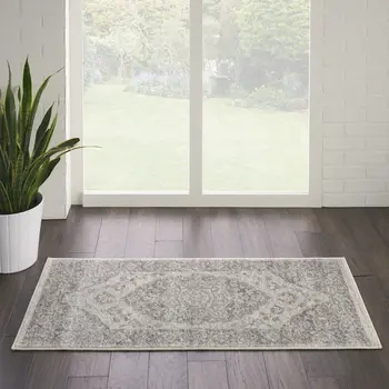 2' X 4' Ivory And Gray Floral Medallion Distressed Area Rug