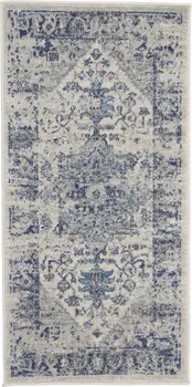 2' X 4' Ivory And Light Blue Floral Medallion Distressed Area Rug