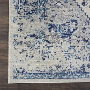 2' X 4' Ivory And Light Blue Floral Medallion Distressed Area Rug