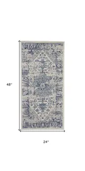 2' X 4' Ivory And Light Blue Floral Medallion Distressed Area Rug