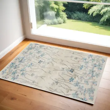 2' X 4' Ivory And Blue Floral Area Rug