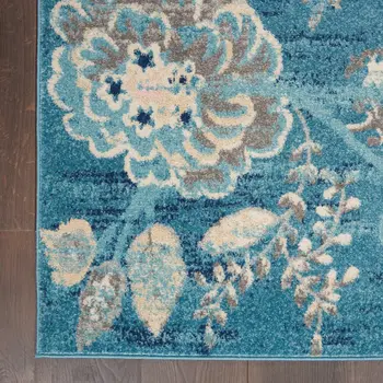 2' X 4' Ivory Navy Blue And Light Blue Floral Area Rug