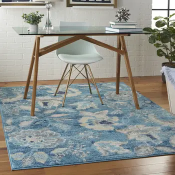 2' X 4' Ivory Navy Blue And Light Blue Floral Area Rug
