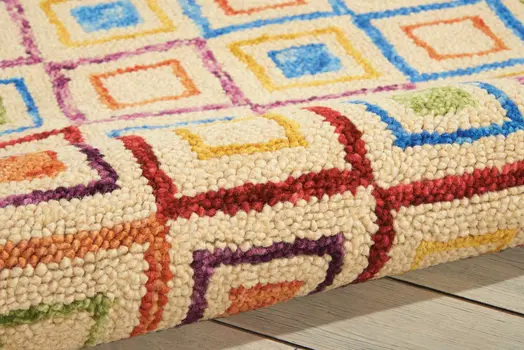 4' X 6' Ivory Blue And Red Wool Geometric Hand Tufted Area Rug