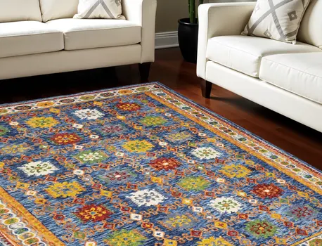 8' X 11' Navy Blue Orange And Green Wool Floral Hand Tufted Distressed Area Rug