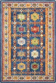 5' X 8' Navy Blue Orange And Green Wool Floral Hand Tufted Distressed Area Rug