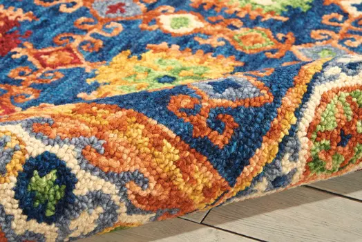 5' X 8' Navy Blue Orange And Green Wool Floral Hand Tufted Distressed Area Rug