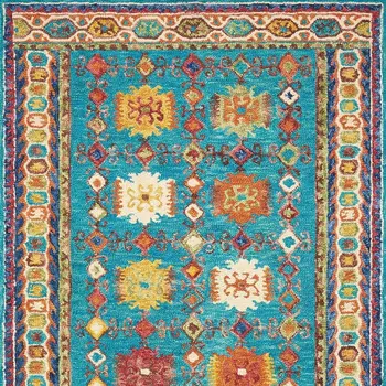 5' X 8' Navy Blue Orange And Green Wool Floral Hand Tufted Distressed Area Rug